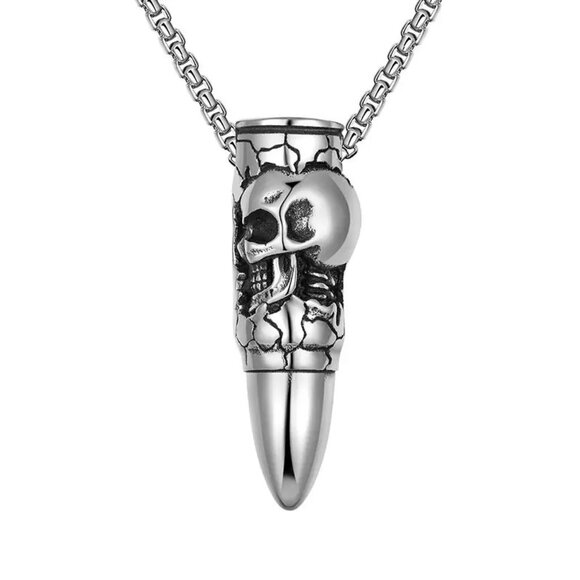Silver Bullet with Skull Necklace‎ with 24" Chain, Punk, Biker, Steampunk, Goth - Picture 1 of 4